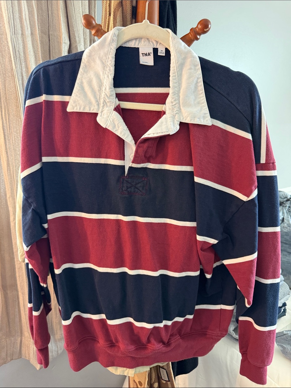 Aritzia TNA women’s Red and Navy Striped Rugby 100% cotton collared pullover